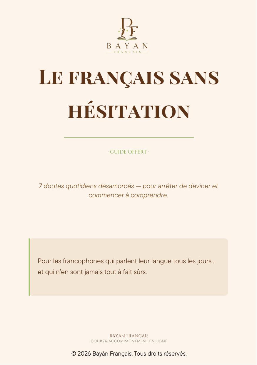 Couverture de l'ebook offert « Le français sans hésitation » — Bayān Français